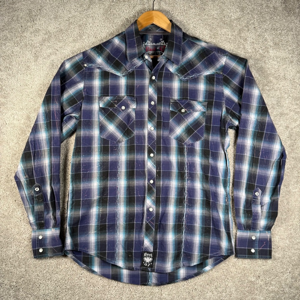 Rock 47‎ by Wrangler Men's M Plaid Pearl Snap Long Sleeve Western Rodeo Shirt